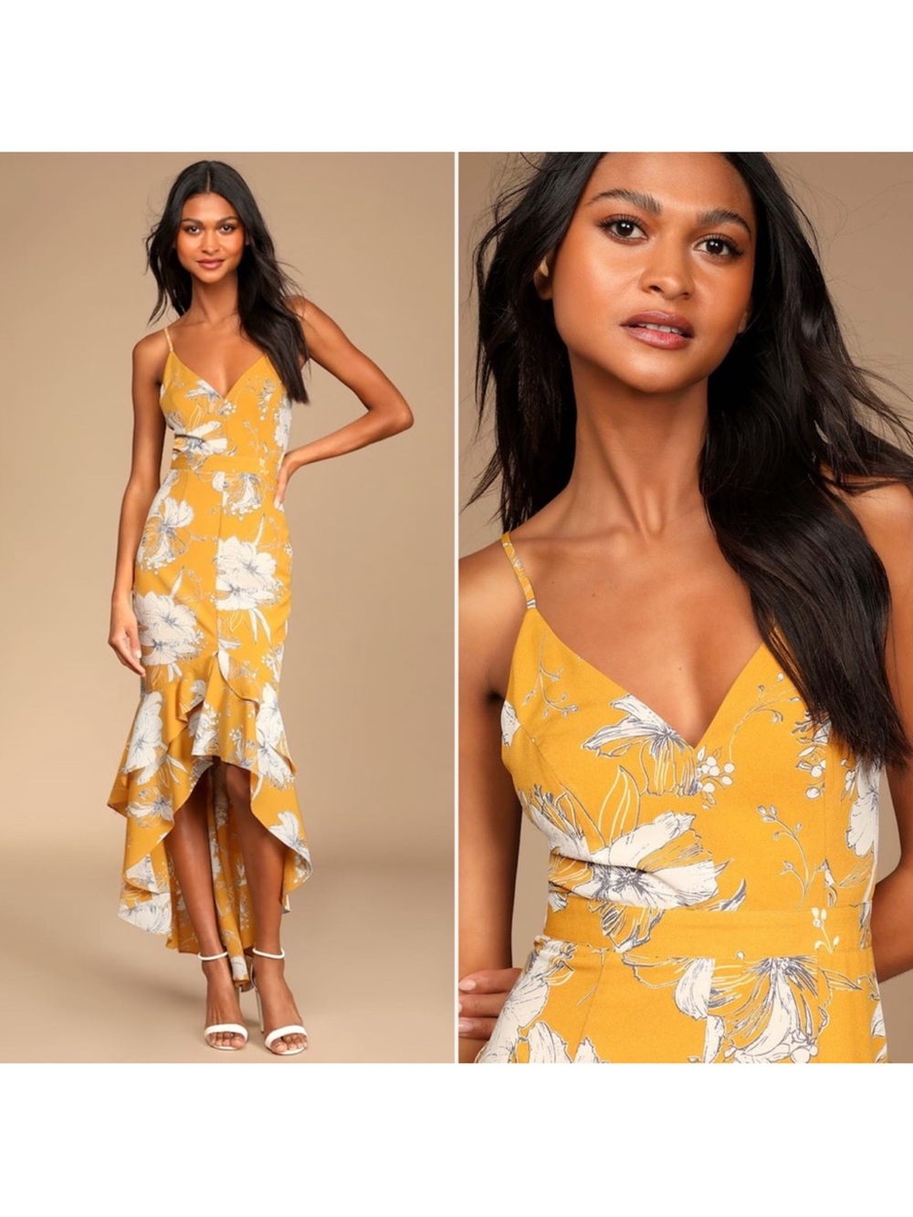 Lulus Darling Daylily Mustard Yellow Floral Print High-Low Maxi Dress M